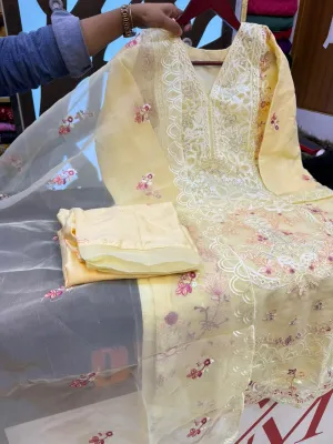 Premium Gold Organza Party Dress with Embroidery & Sequence Work